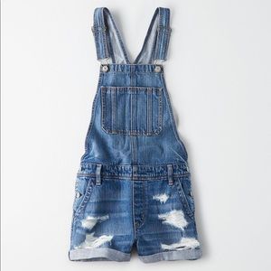AE ripped denim overall shorts